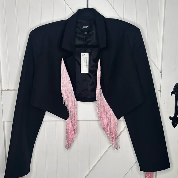 Nasty Gal Premium Tassel Trim Blazer Black with Pink Fringe Size 0 - Picture 6 of 9